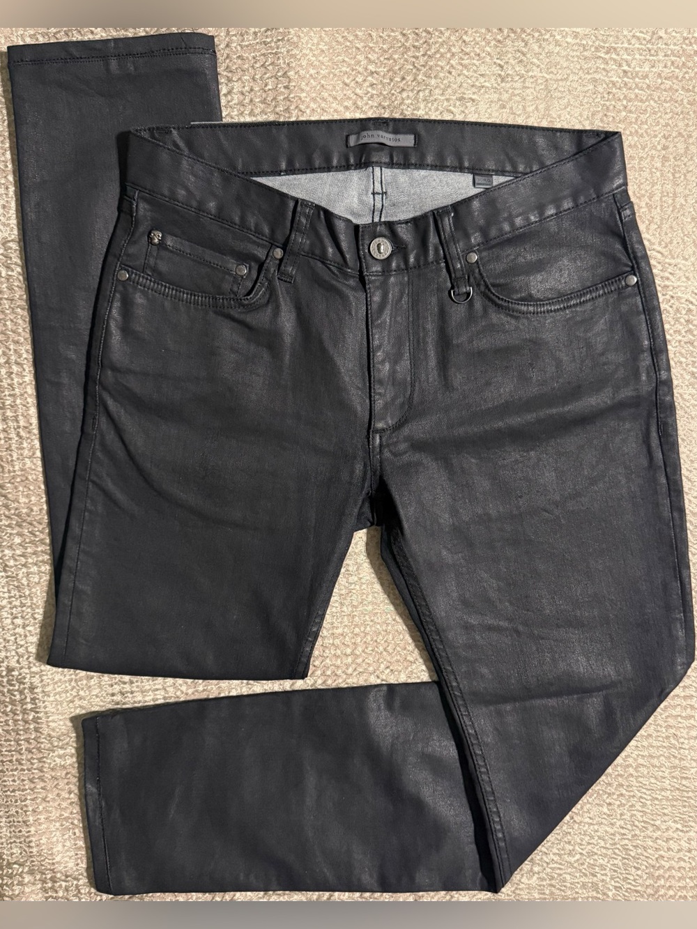John Varvatos Coated Black Slim Jeans 30RG Skull D-Ring Leather Patch